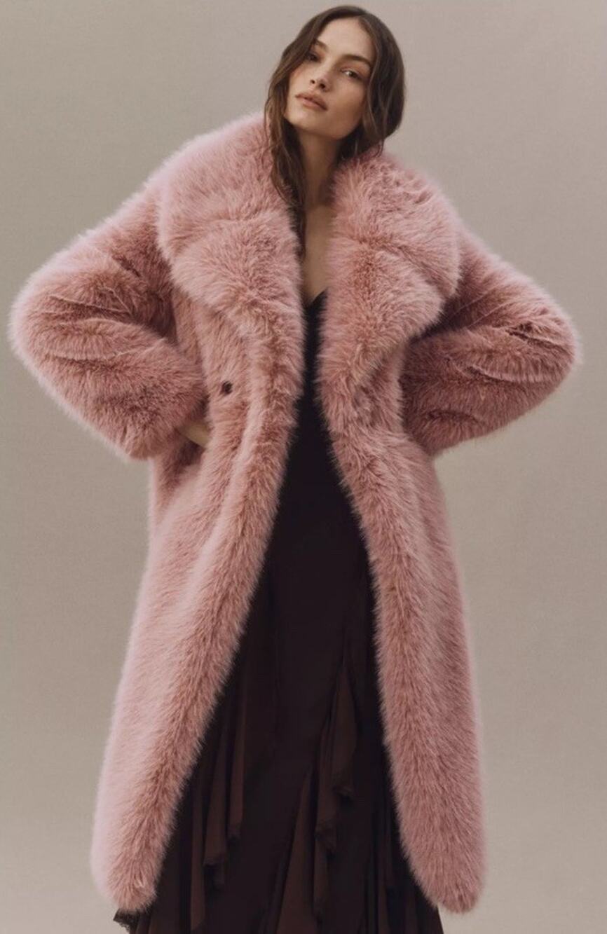 Avec Les Filles Anthropologie Faux Fur Long Coat M Barbie Pink Plush Maxi